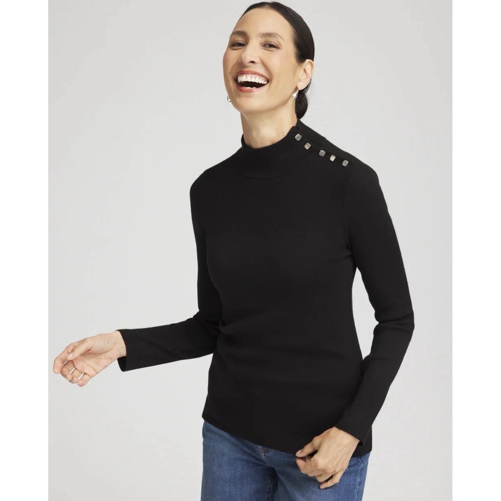 Chico's Black Ella Mockneck Sweater Button Accents Sz‎ 2/L Preppy Office Classic